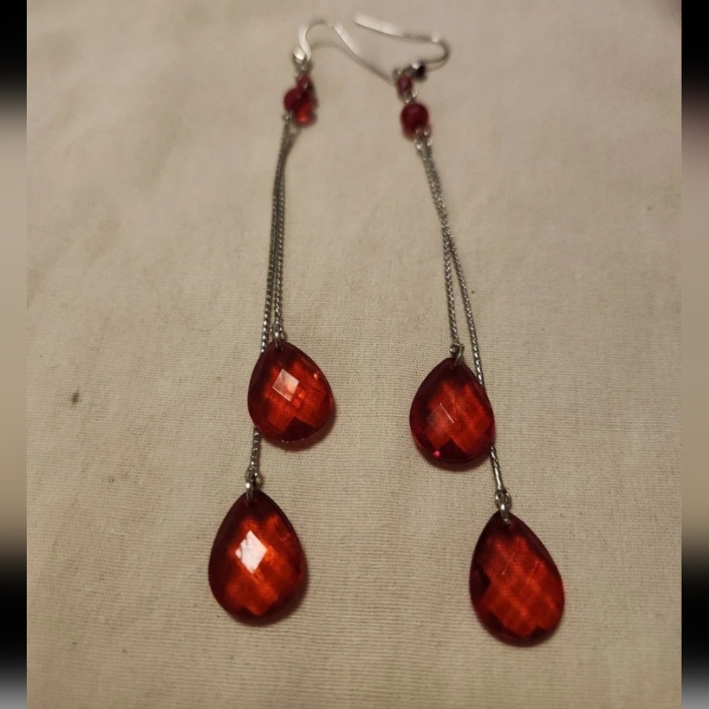 Red Stone Chain Earrings